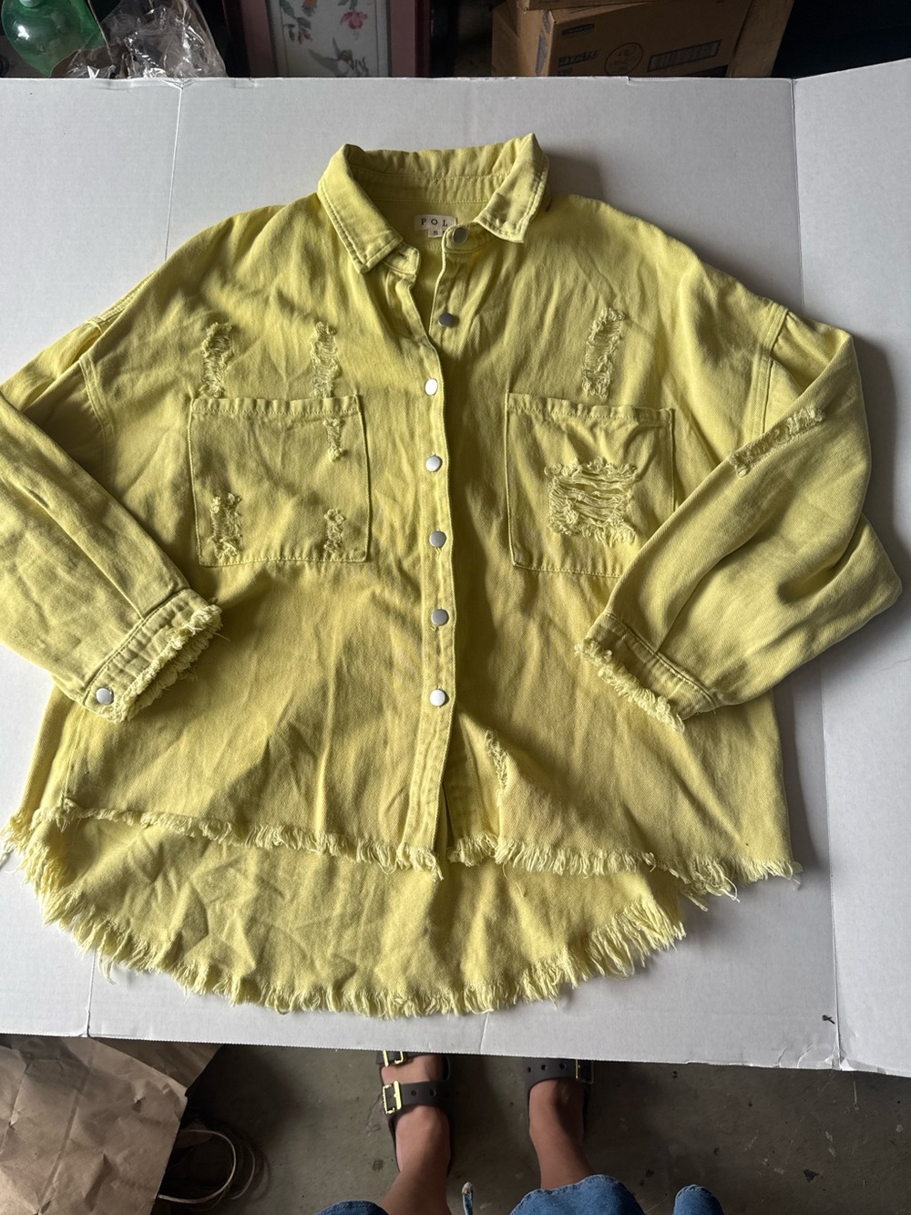POL Distressed Button-Down Shirt Jacket in Yellow